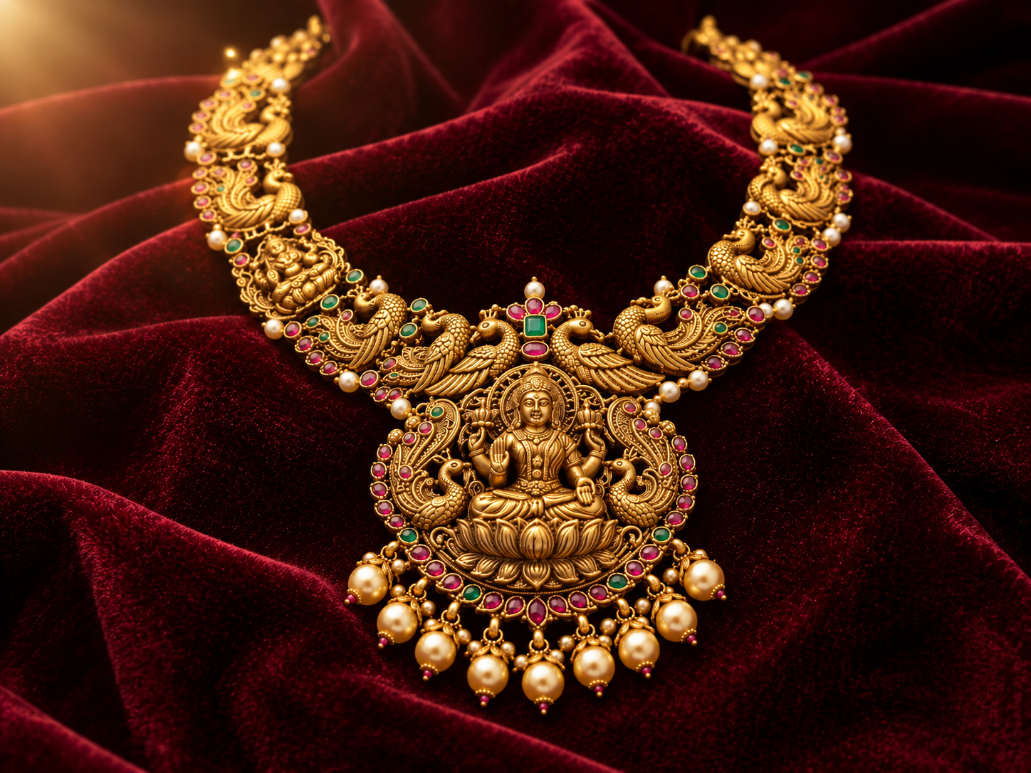 Pazheri Gold Exquisite 22KT Gold Antique Necklace on Velvet